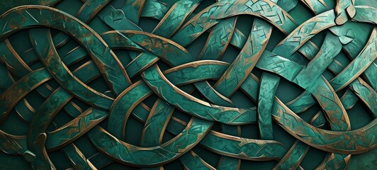 Celtic Knot Patterns in emerald color. Mythology Celtic Knot Patterns in emerald color wallpaper banner wallpaper texture. Celtic symbols. Celtic runes - obrazy, fototapety, plakaty
