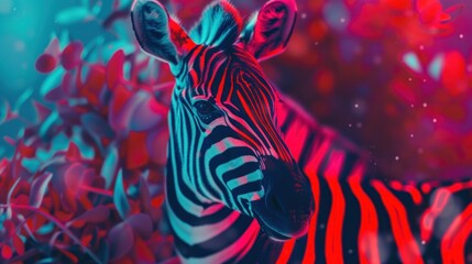 a close up of a zebra's face in front of a background of red, blue, and green leaves.