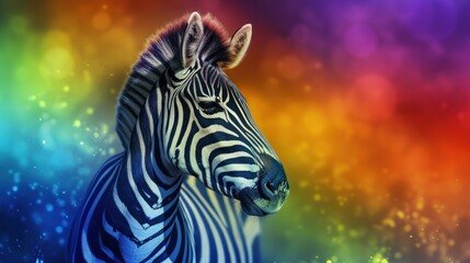 a close up of a zebra in front of a multicolored background with bubbles of light coming from the top of the zebra's head.