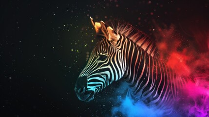 Fototapeta na wymiar a close up of a zebra's head in front of a multicolored background of smoke and stars.