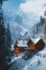 a house in the mountains covered in snow