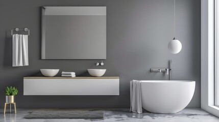 Fototapeta na wymiar Minimalist Bathroom Design with Frameless Mirror and Modern Fixtures.