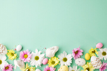Easter сelebration: a symphony of spring colors and joy. Top view of decorated Easter eggs,...
