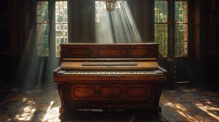 Fototapeta na wymiar old piano in a dark room with a spotlight shinning on the piano 