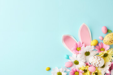 Easter bloom: a celebration of spring in pastel tones. Top view shot of Easter bunny ears, colorful...