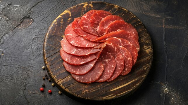 slices of fresh meat, raw meat on a round wooden board generative ai