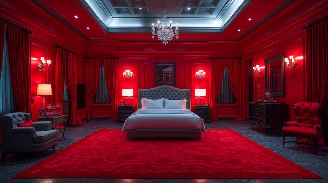 Plush red bedroom interior offers a cozy retreat with large bed, inspired by Mr. Grey