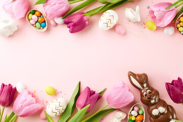 Easter in pastel. Top view of Easter eggs, pink tulips, and chocolate bunny, amidst a scattering of candies and confetti on light pink background with space for congratulations