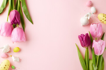 Pink petals and Easter prep. Top view of elegant pink tulips accompanied by a patterned egg and...