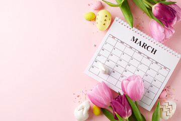 March whispers: Easter's soft touch. Top view of  March calendar, pink tulips and Easter eggs on pastel pink background for creating a gentle invitation to the Easter season