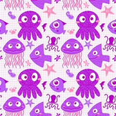 Ocean animals seamless jellyfish and crabs and starfish and fish and octopus pattern for wrapping paper 