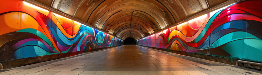 Underground tunnels as canvases for light graffiti transforming spaces with ephemeral glowing...