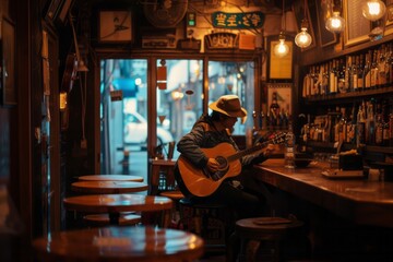 Obraz na płótnie Canvas Man Sitting at a Bar Playing a Guitar