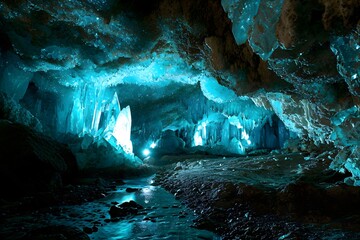 a cave filled with lots of blue water - obrazy, fototapety, plakaty