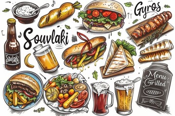 Illustrated paper placemat icons feature sandwiches, burgers, souvlaki, fries, and beer. Playful, hand-drawn style.