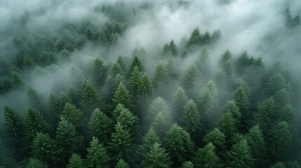 a group of trees in the middle of a forest with fog in the air and low lying clouds in the background.