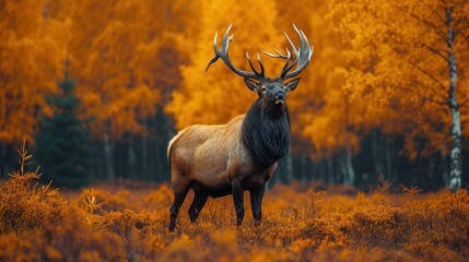 a large elk standing on top of a grass covered field next to a forest filled with yellow and orange trees.