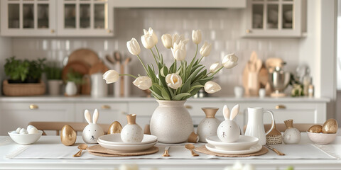 Fototapeta na wymiar Elegant Easter Table Setting with White Tulips and Bunny Decor. Serene Easter table arrangement in a bright kitchen, featuring white tulips in a vase, bunny figurines, and golden eggs.