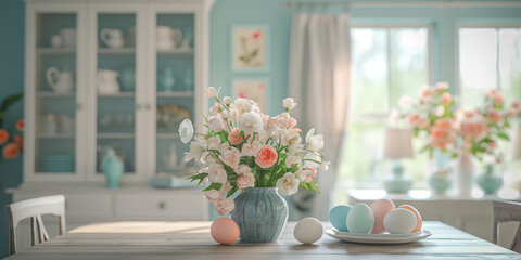 Elegant Easter Table Setting with White Tulips and Bunny Decor. Serene Easter table arrangement in a bright kitchen, featuring white tulips in a vase, bunny figurines, and golden eggs. - obrazy, fototapety, plakaty