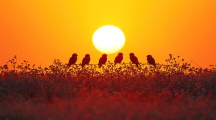 a flock of birds sitting on top of a dry grass covered field under a yellow and orange sky with the sun in the background.