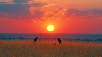 a couple of birds sitting on top of a dry grass field under a bright orange and blue sky with the sun in the distance.