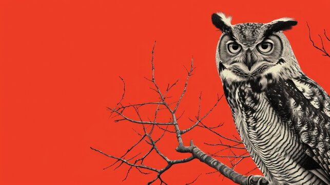 an owl perched on top of a tree branch with a red sky in the backgrounnd of the picture.
