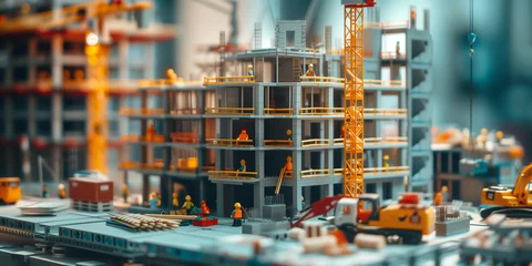 Foto op Plexiglas Construction Site. A vibrant construction scene with workers and cranes against a sunrise city backdrop. © T-elle
