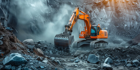 Excavator in Action at Quarry. Heavy machinery operating in a rocky excavation site. - obrazy, fototapety, plakaty