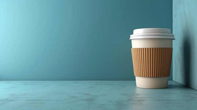 a close up of a cup of coffee on a table with a blue wall and a wall in the background.