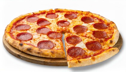 Uma pizza de Pepperoni isolada no fundo branco. Foto de estúdio. - obrazy, fototapety, plakaty