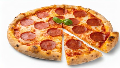 Uma pizza de Pepperoni isolada no fundo branco. Foto de estúdio. - obrazy, fototapety, plakaty