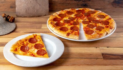 Pizza de pepperoni. Fatia de pizza de pepperoni em um prato branco sobre a mesa de madeira. Pizza quase completa ao fundo. - obrazy, fototapety, plakaty