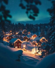 a night time view of a snowy village