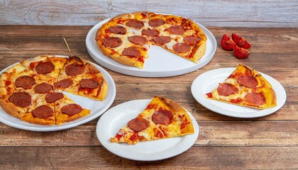 Pizza de pepperoni. Fatias de pizza pepperoni em um grupo de pratos brancos sobre uma mesa de madeira. - obrazy, fototapety, plakaty