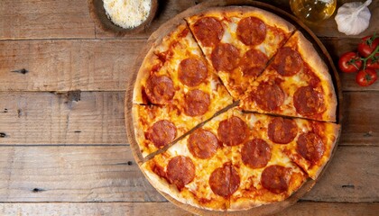 Pizza de pepperoni sobre uma tábua de madeira  que está em uma mesa de madeira. Fatiada, pedaço de pizza, cortada. Comida rápida. - obrazy, fototapety, plakaty