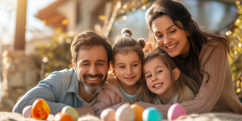 Obraz premium Happy easter! Happy family celebrating Easter holiday, rejoicing next to Easter eggs at the table