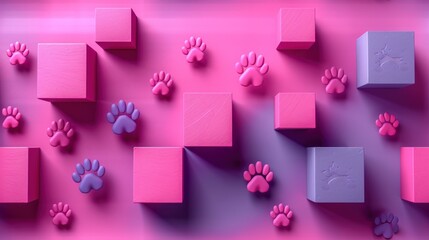 a group of pink and purple blocks and paw prints on a pink and purple background with pink and purple blocks and paw prints.