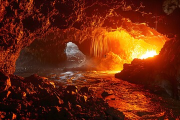 a cave filled with lots of lava next to a body of water - Powered by Adobe