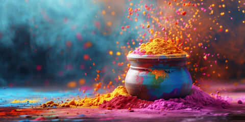 Explosion of Holi Colors from Pot on Vibrant Background - obrazy, fototapety, plakaty