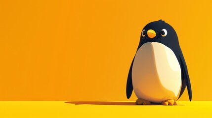 a black and white penguin sitting on top of a yellow and orange background with a yellow spot in the middle of the penguin's eyes.