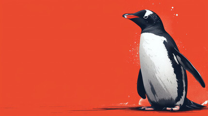 a black and white penguin standing in front of a red background with a splash of paint on it's face.