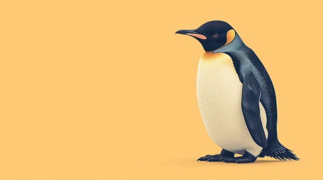 a black and white penguin standing on top of a yellow and orange background with its head turned to the side.