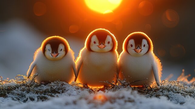 a group of little penguins standing next to each other on a snow covered ground with the sun in the background.