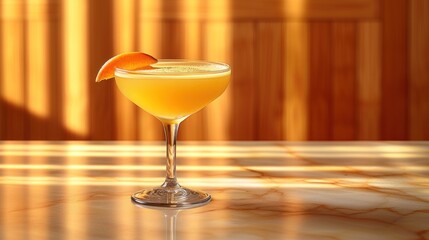 a yellow cocktail with an orange garnish on the rim and a garnish garnish on the rim. - obrazy, fototapety, plakaty