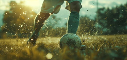 Soccer Play at Sunset . A close-up of a soccer player's legs in action, kicking a soccer ball on a field at sunset. - Powered by Adobe