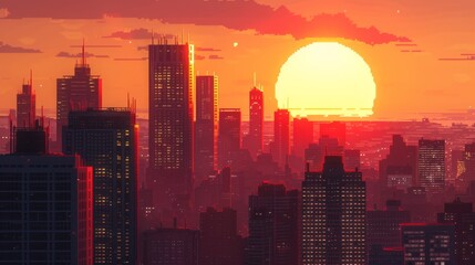 Fototapeta premium Amidst a vibrant cityscape, the sun sets behind towering skyscrapers, casting a warm glow over the bustling metropolis below