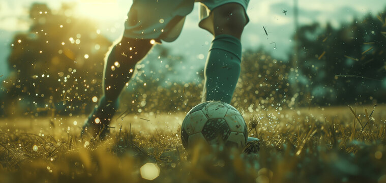 Soccer Play at Sunset . A close-up of a soccer player's legs in action, kicking a soccer ball on a field at sunset.