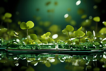Emerald Water Drops and Clover Leaves.

Glistening water drops and vibrant clover leaves create a lush, green scene evoking themes of growth and luck. An ideal image for wellness, nature concepts