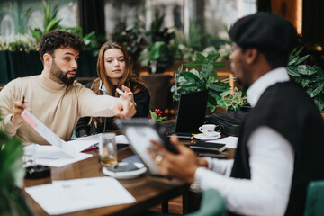A diverse business team actively engaged in a discussion at a cafe with documents and a laptop. Indoor setting with focus on collaboration and communication.