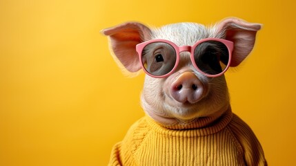 a pig wearing a yellow sweater and pink glasses with a yellow background and a yellow background with a pig wearing a yellow sweater and pink glasses.